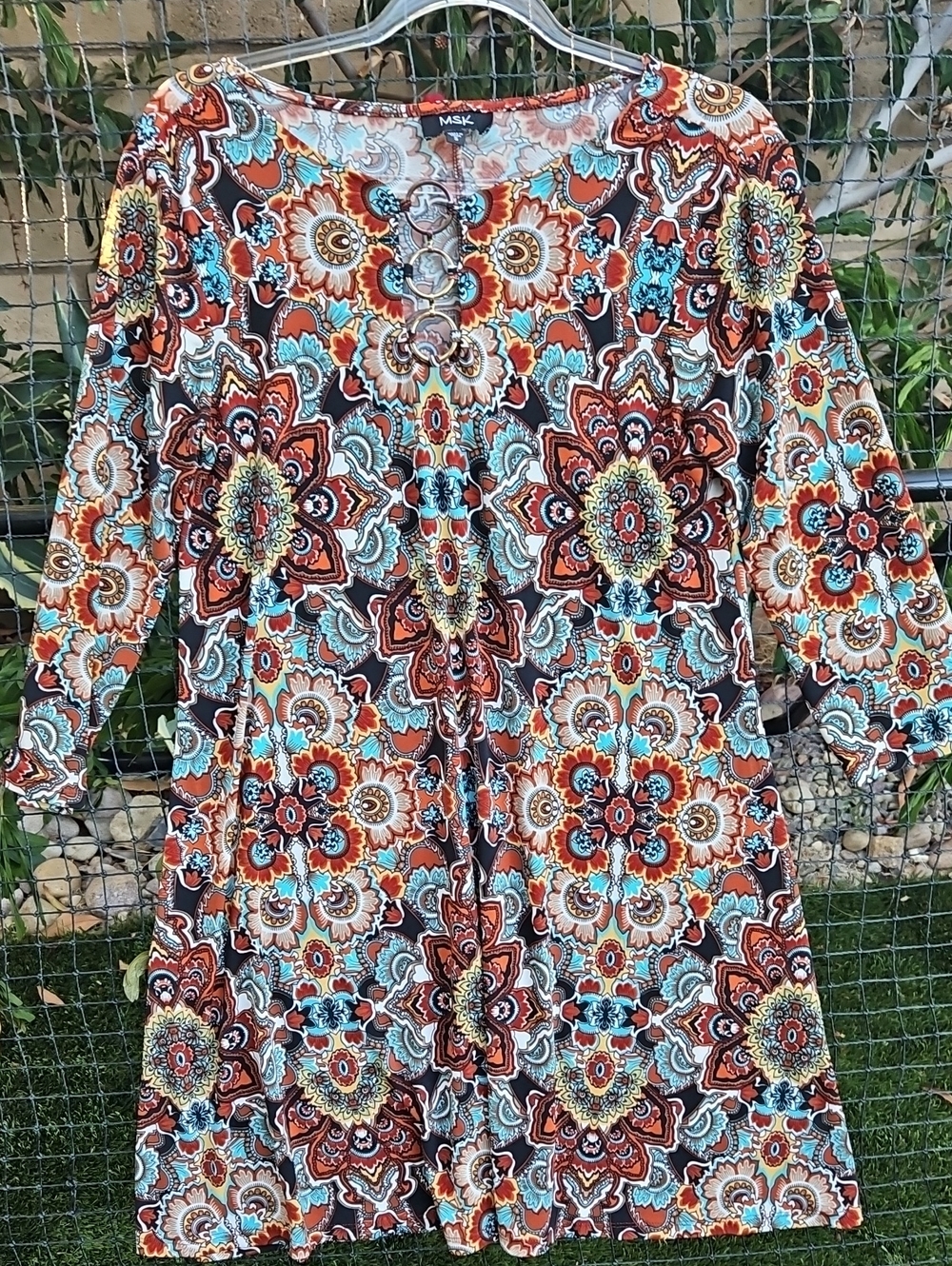 MSK Floral Medallion Tunic Top in Brown & Turquoise